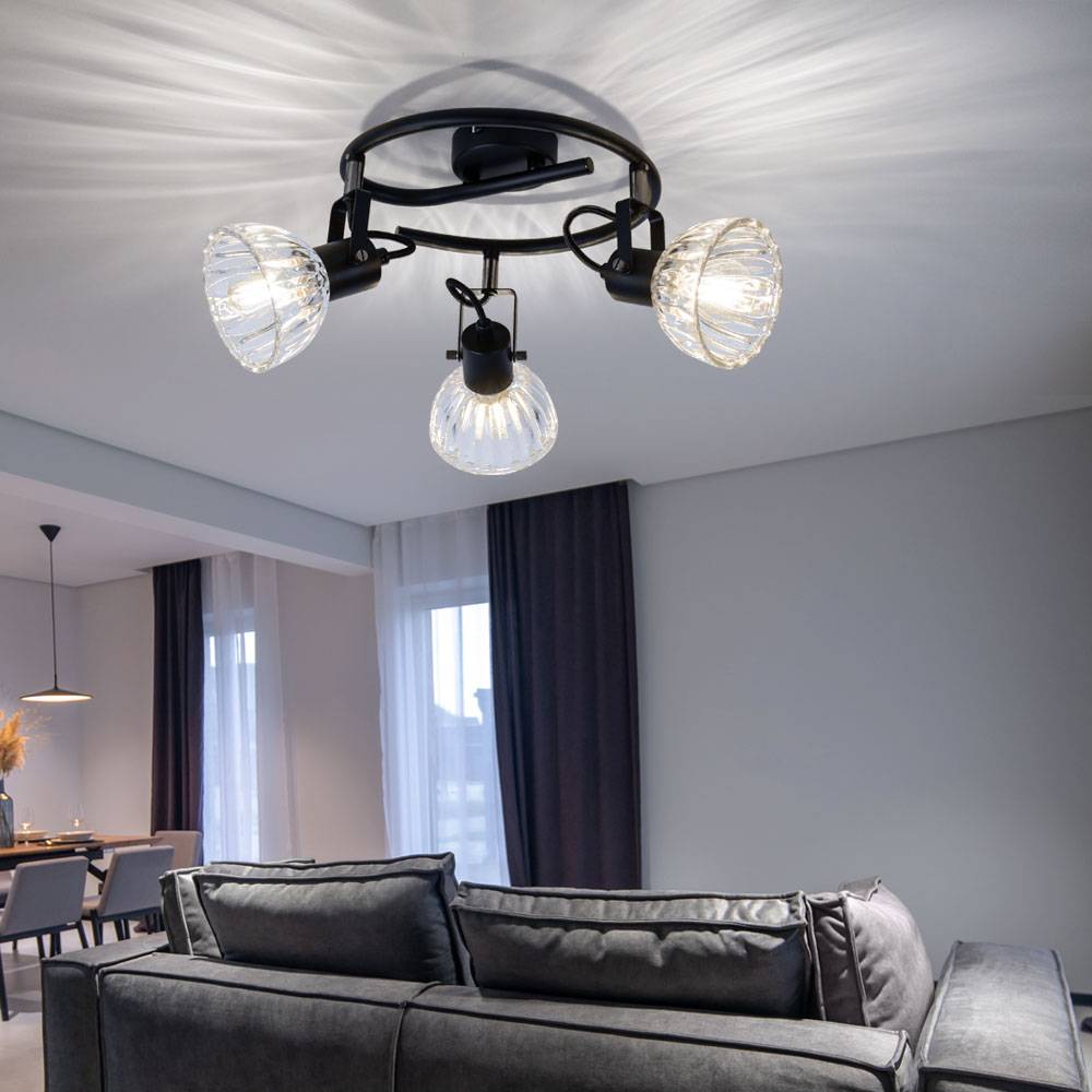 Deckenlampe Deckenleuchte Spotlampe Leuchte Wohnzimmerleuchte Küchenlampe, Spots beweglich 3 Flammig, Metall Glas schwarz klar, E14 Fassungen, DxH