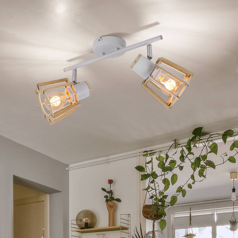 Deckenleuchte weiss Deckenstrahler Holz Spotlampen für Decke, 2 flammig Spots beweglich, Landhausstil Holzoptik Metall weiß natur, 2x E27 Fassungen