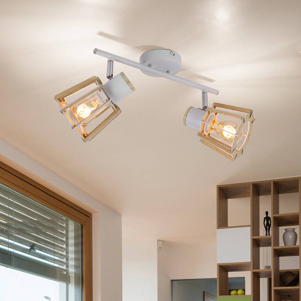 Deckenleuchte weiss Deckenstrahler Holz Spotlampen für Decke, 2 flammig Spots beweglich, Landhausstil Holzoptik Metall weiß natur, 2x E27 Fassungen