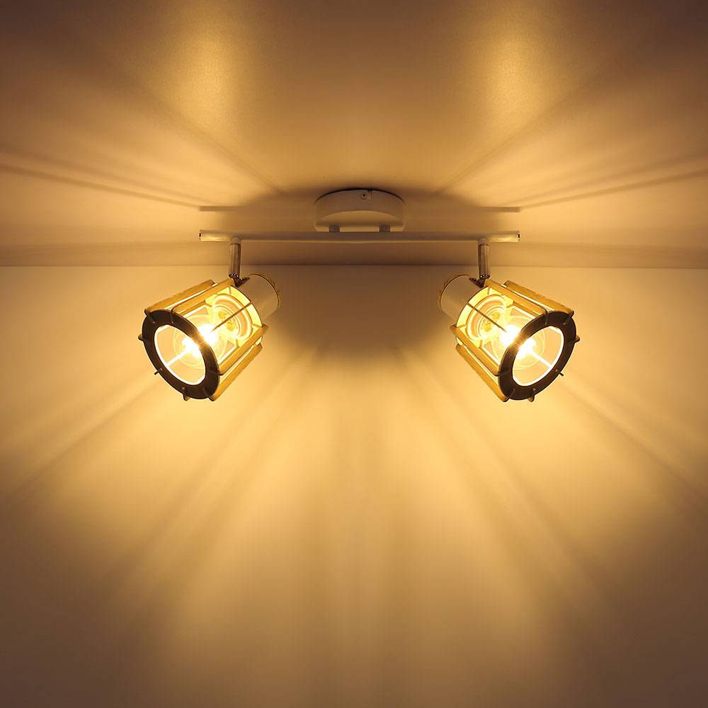 Deckenleuchte weiss Deckenstrahler Holz Spotlampen für Decke, 2 flammig Spots beweglich, Landhausstil Holzoptik Metall weiß natur, 2x E27 Fassungen