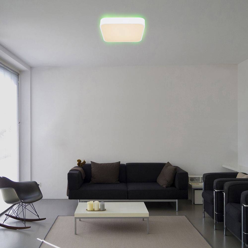 LED Deckenleuchte quadratisch, Ecken abgerundet mit RGB Backlight weiß matt CCT