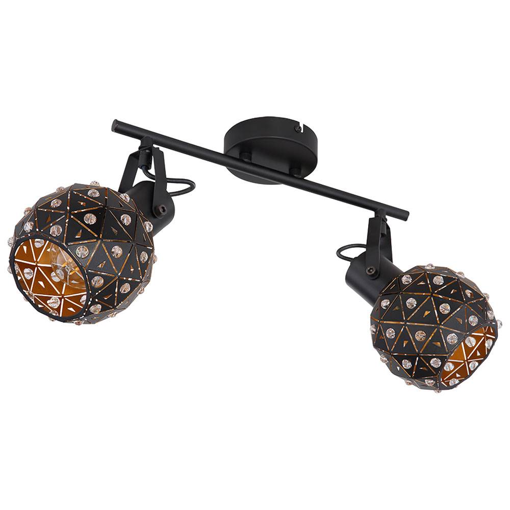 Deckenleuchte 2-flammig Metall Kristalle Esszimmer Design Deckenlampe mit beweglichen Spots, Metall schwarz gold, 2x E27, LxBxH 35x12x26 cm