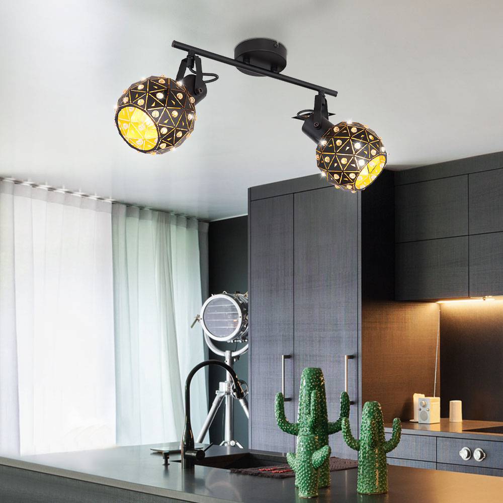 Deckenleuchte 2-flammig Metall Kristalle Esszimmer Design Deckenlampe mit beweglichen Spots, Metall schwarz gold, 2x E27, LxBxH 35x12x26 cm