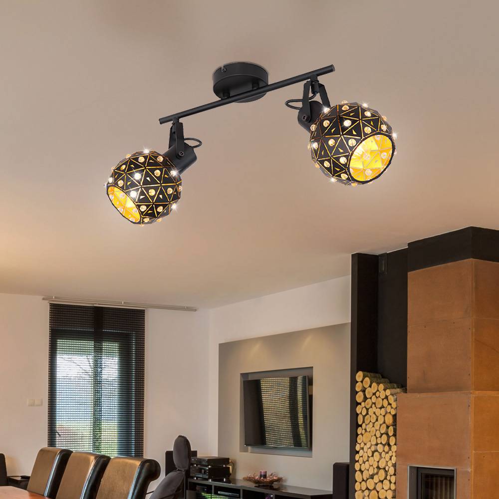Deckenleuchte 2-flammig Metall Kristalle Esszimmer Design Deckenlampe mit beweglichen Spots, Metall schwarz gold, 2x E27, LxBxH 35x12x26 cm