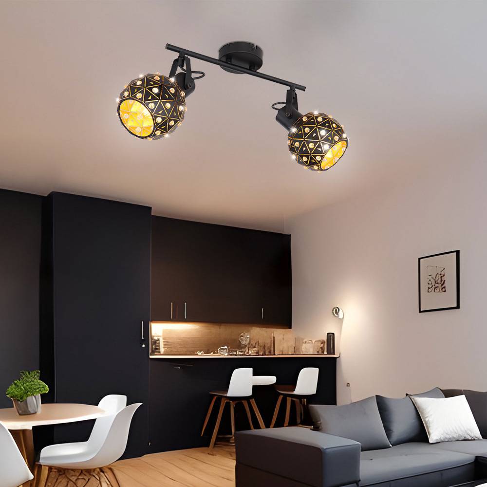 Deckenleuchte 2-flammig Metall Kristalle Esszimmer Design Deckenlampe mit beweglichen Spots, Metall schwarz gold, 2x E27, LxBxH 35x12x26 cm