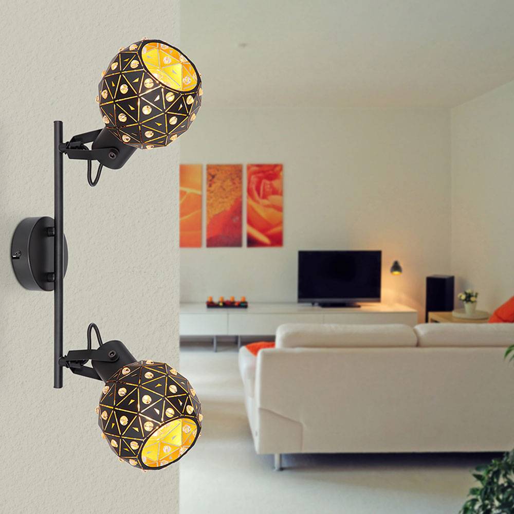 Deckenleuchte 2-flammig Metall Kristalle Esszimmer Design Deckenlampe mit beweglichen Spots, Metall schwarz gold, 2x E27, LxBxH 35x12x26 cm