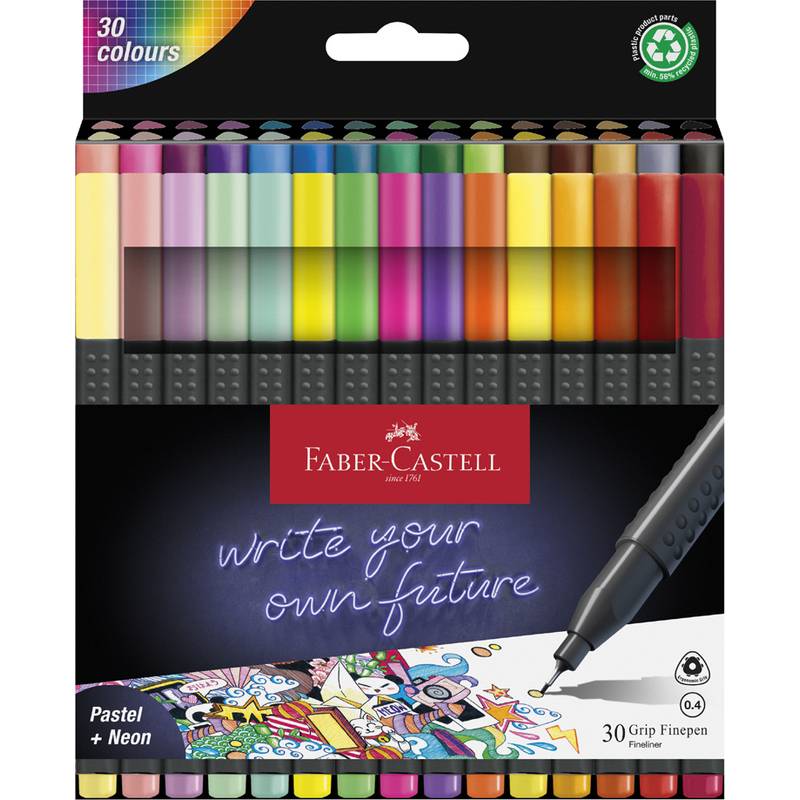 Faber-Castell 30er-Set mit Pastellfarben- und Neon-Fineliner-Stiften in Verpackung mit dem Slogan „Schreib deine eigene Zukunft