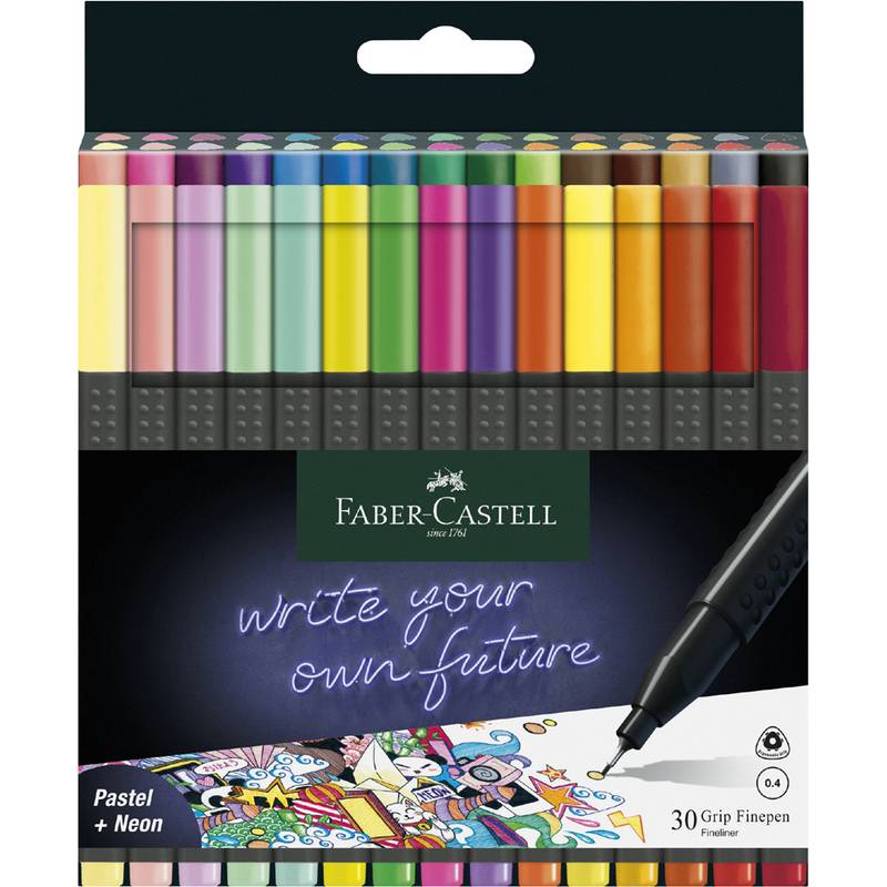 Ein Set aus 30 Pastell- und Neon-Faber-Castell Grip Fineliner-Stiften in verschiedenen Farben, mit dem Slogan „Schreibe deine eigene Zukunft