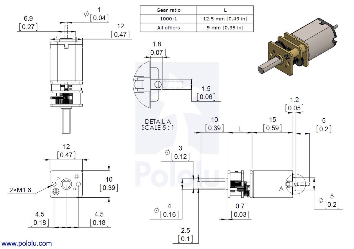 Pololu 75:1 Micro Metal Gearmotor HP 6V with Extended Motor Shaft