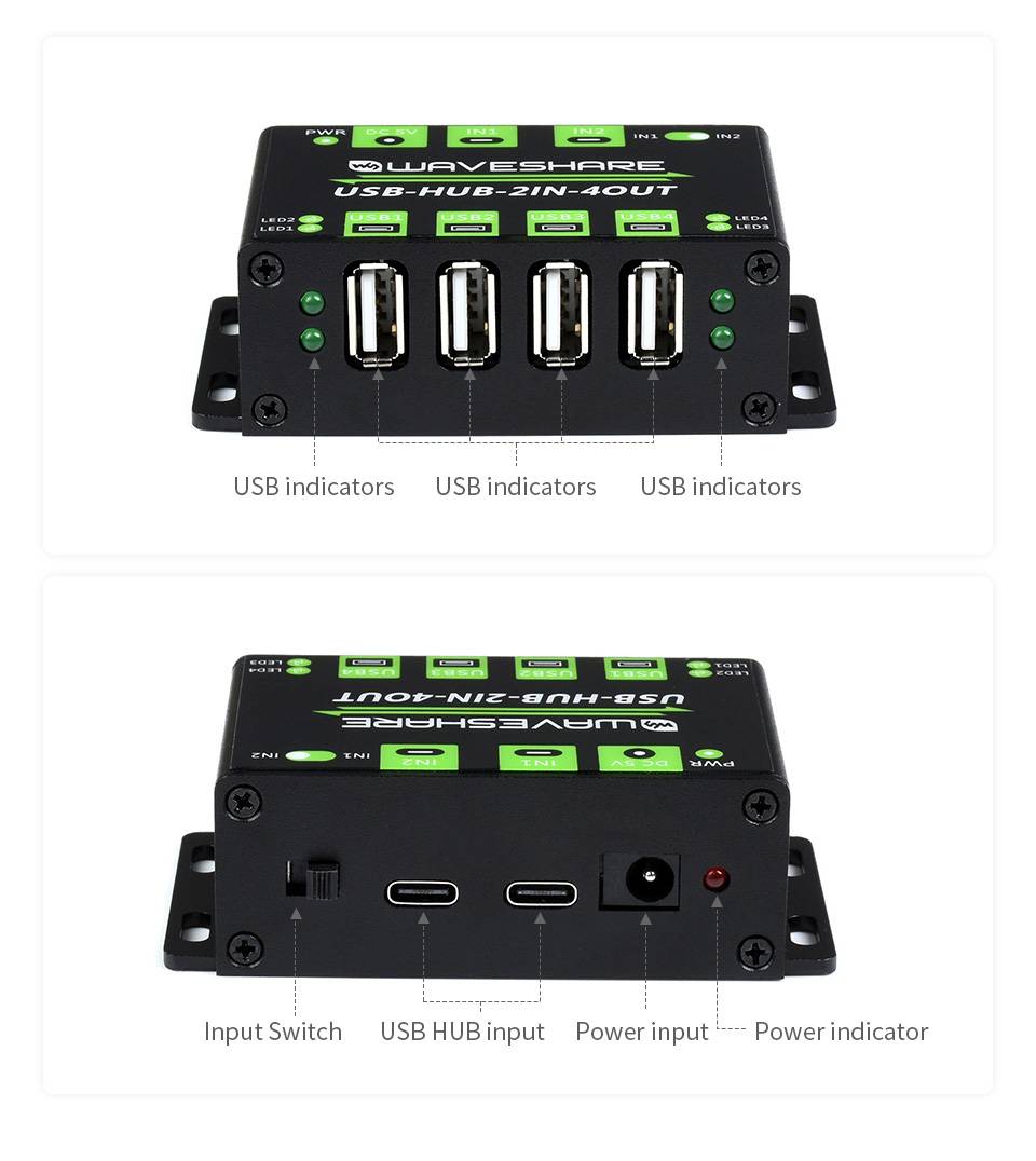 WaveShare Industrial Grade USB HUB with 4x USB 2.0 Ports Switchable Dual Hosts