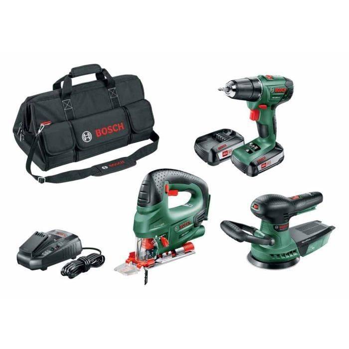 Pack 3 Werkzeuge 18V Akku BOSCH Bohrschrauber PSR 1800 LI-2 2 Akkus 2,5Ah + Stichsäge PST + Exzenterschleifer