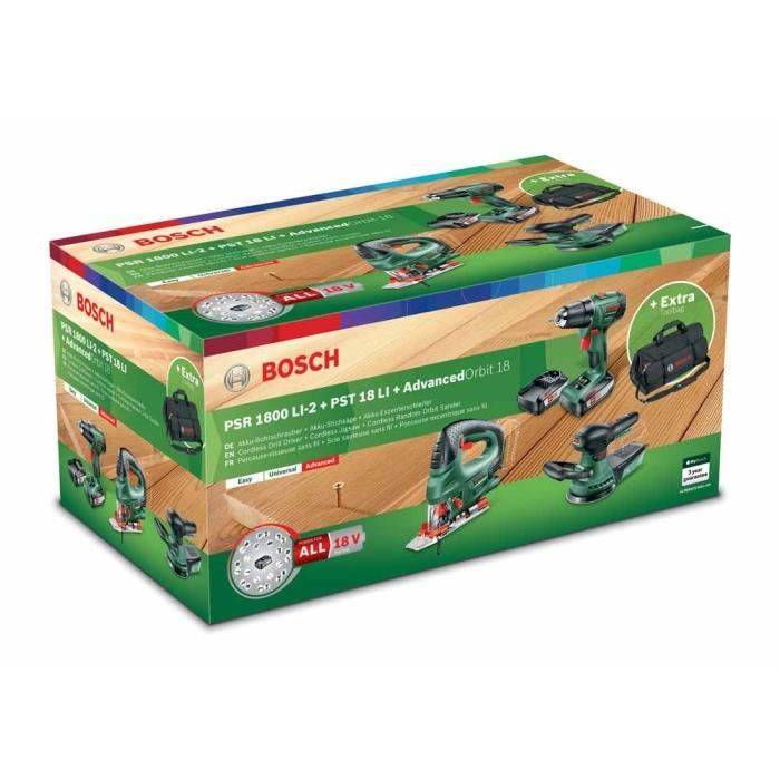 Pack 3 Werkzeuge 18V Akku BOSCH Bohrschrauber PSR 1800 LI-2 2 Akkus 2,5Ah + Stichsäge PST + Exzenterschleifer