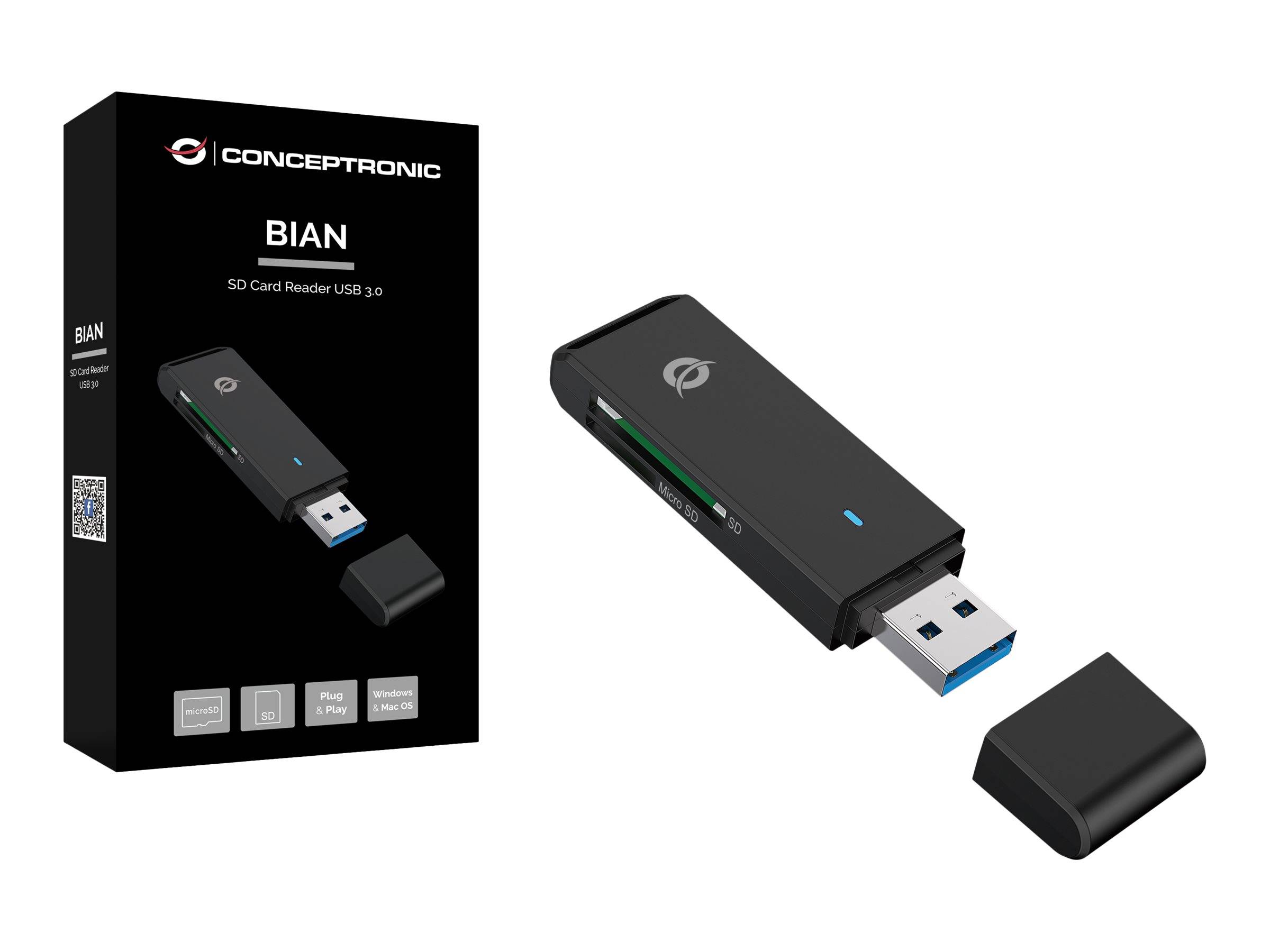 Concepttronic BIAN USB 3.0 SD-Kartenleser mit Einzelhandelsverpackung, Lesegerät und Schutzkappen auf weißem Hintergrund.