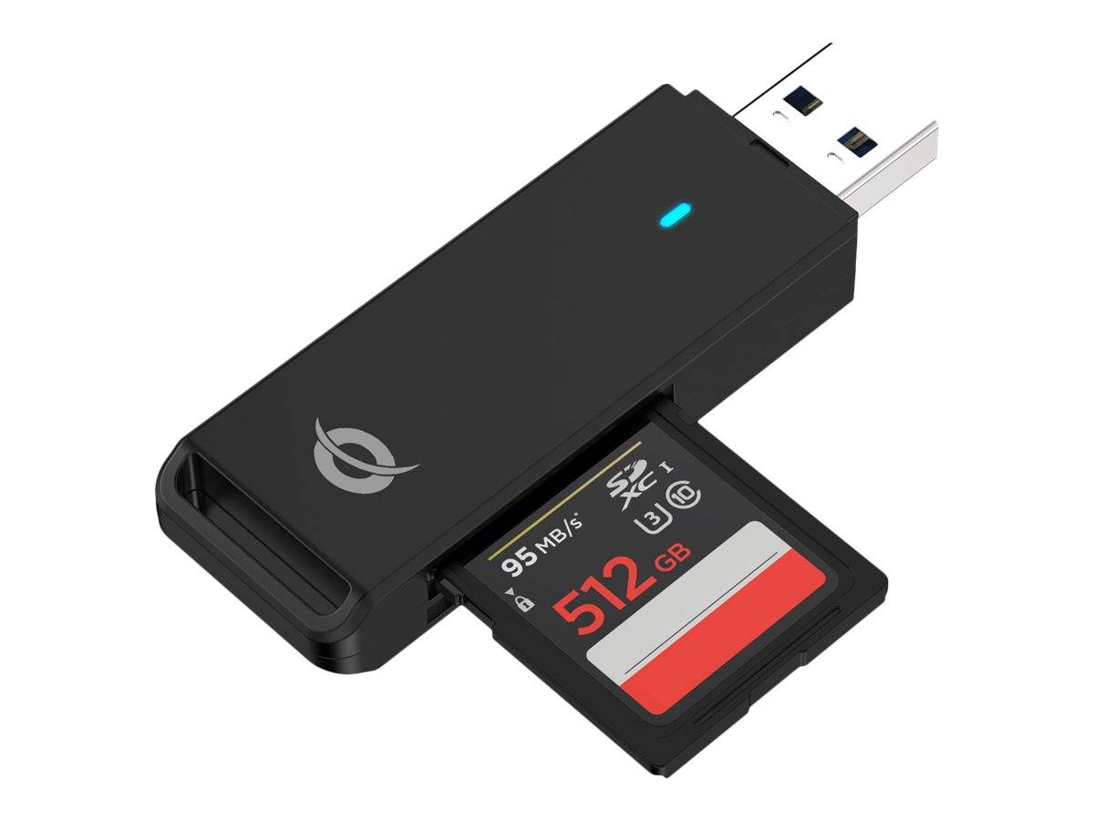 Schwarzer USB-Kartenleser mit blauer LED und einer teilweise eingeführten 512-GB-SD-Karte