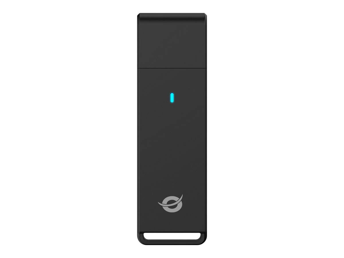 Schwarzes rechteckiges USB-Speicherlaufwerk mit einem kleinen blauen Indikatorlicht und einem Logo in der Nähe des unteren Bereichs.