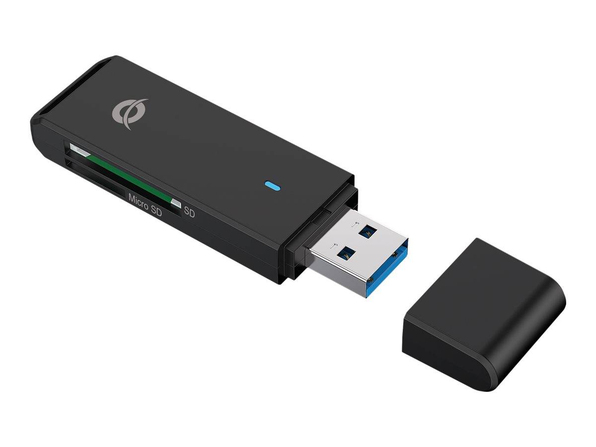 USB-Kartenleser mit Micro-SD- und SD-Steckplätzen, dargestellt mit einer abnehmbaren Schutzkappe auf der Seite.