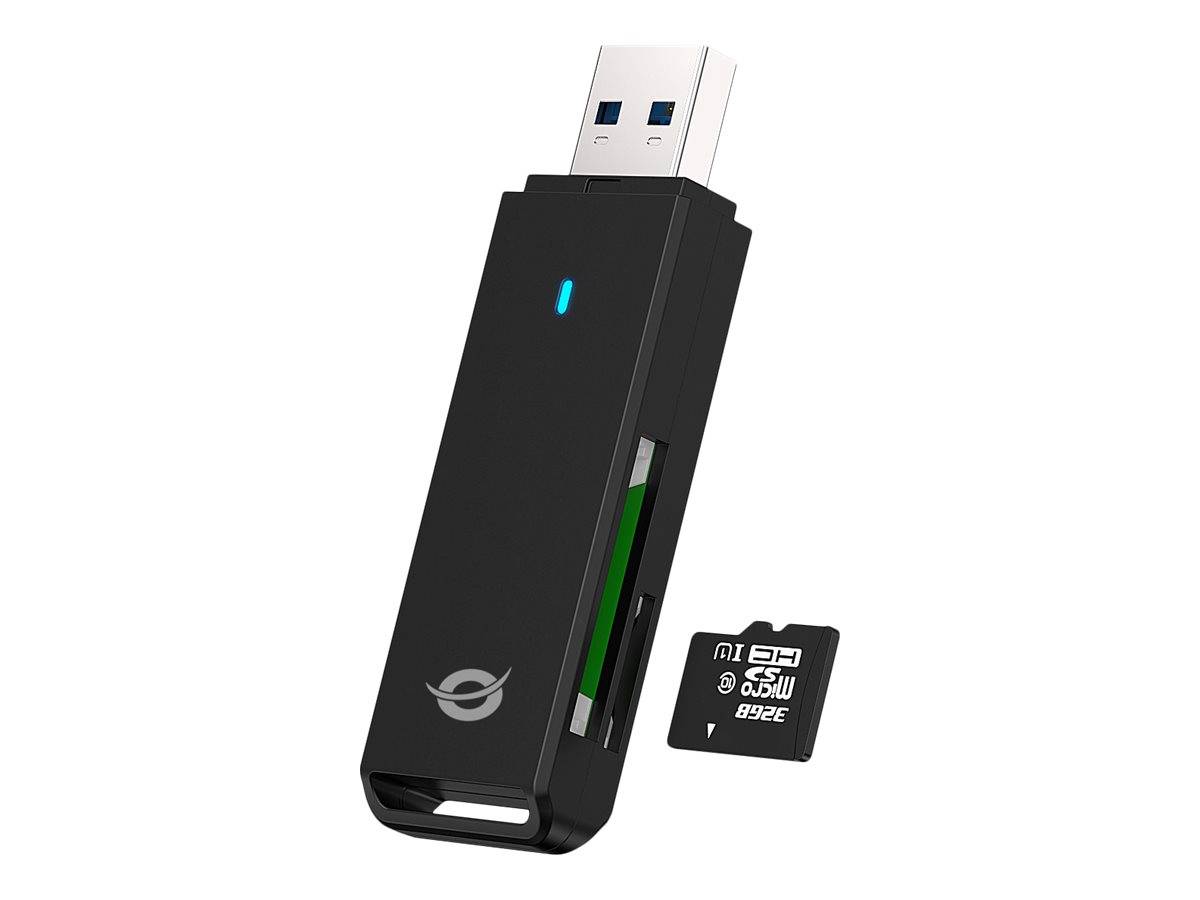 Schwarzes USB-Speicherstick mit blauer Anzeigeleuchte und einer abnehmbaren microSD-Karte daneben.