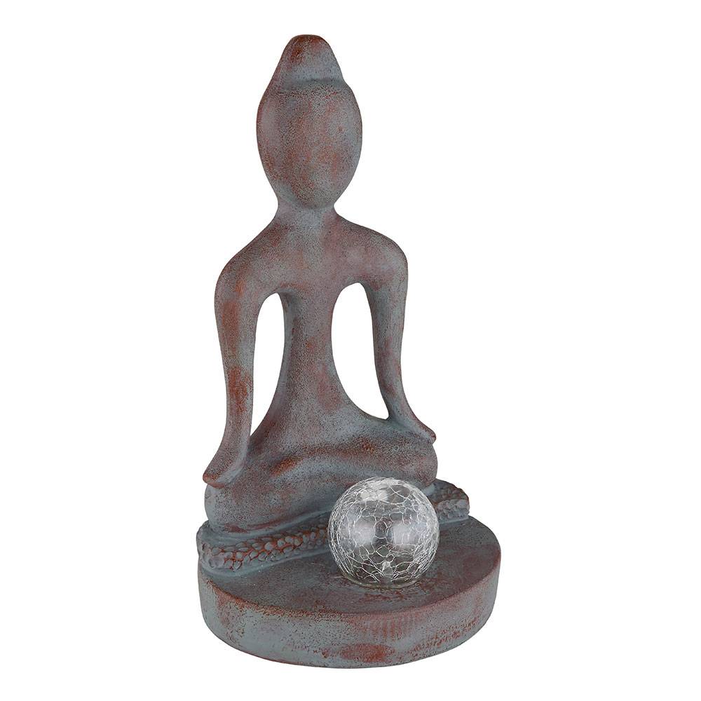 Solarleuchte Gartendeko Gartenfigur Buddha Feng Shui Deko Garten wetterfest, Kunststoff Glas grau- bronze, 1x LED kaltweiß, LxH 17,5 x 30 cm