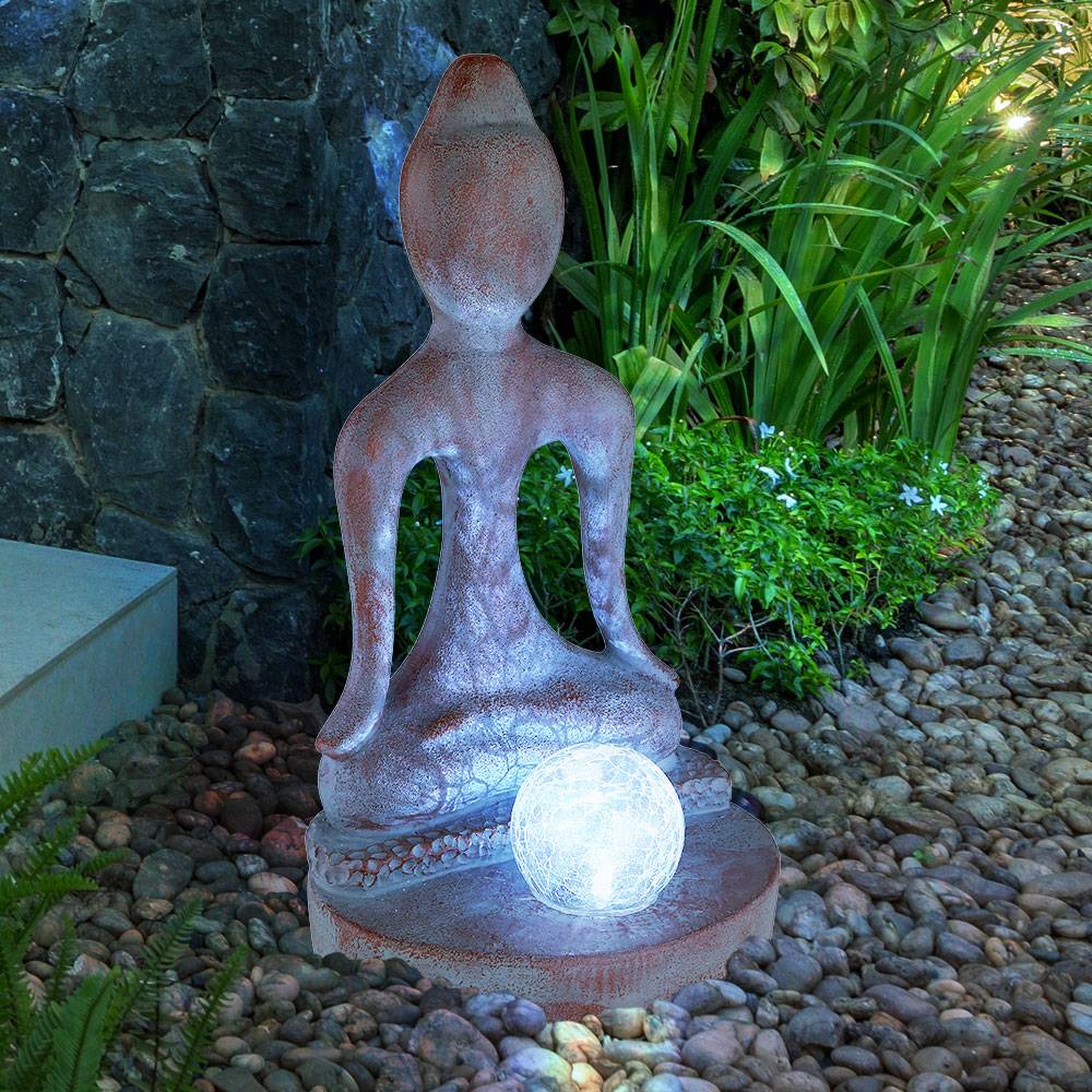 Solarleuchte Gartendeko Gartenfigur Buddha Feng Shui Deko Garten wetterfest, Kunststoff Glas grau- bronze, 1x LED kaltweiß, LxH 17,5 x 30 cm