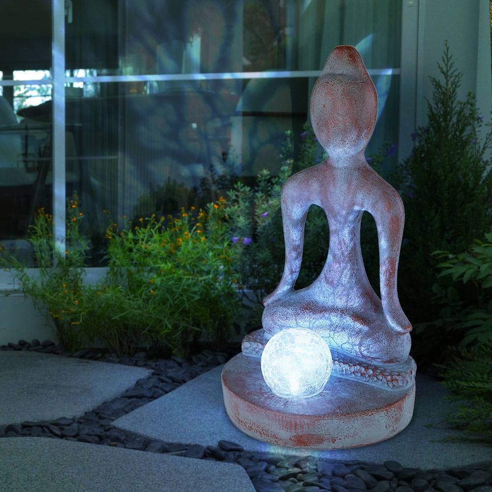 Solarleuchte Gartendeko Gartenfigur Buddha Feng Shui Deko Garten wetterfest, Kunststoff Glas grau- bronze, 1x LED kaltweiß, LxH 17,5 x 30 cm