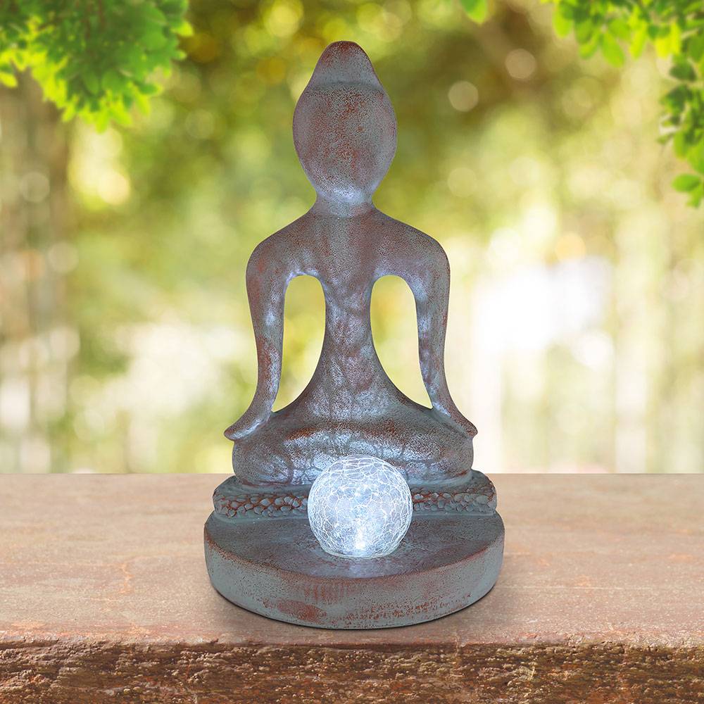 Solarleuchte Gartendeko Gartenfigur Buddha Feng Shui Deko Garten wetterfest, Kunststoff Glas grau- bronze, 1x LED kaltweiß, LxH 17,5 x 30 cm