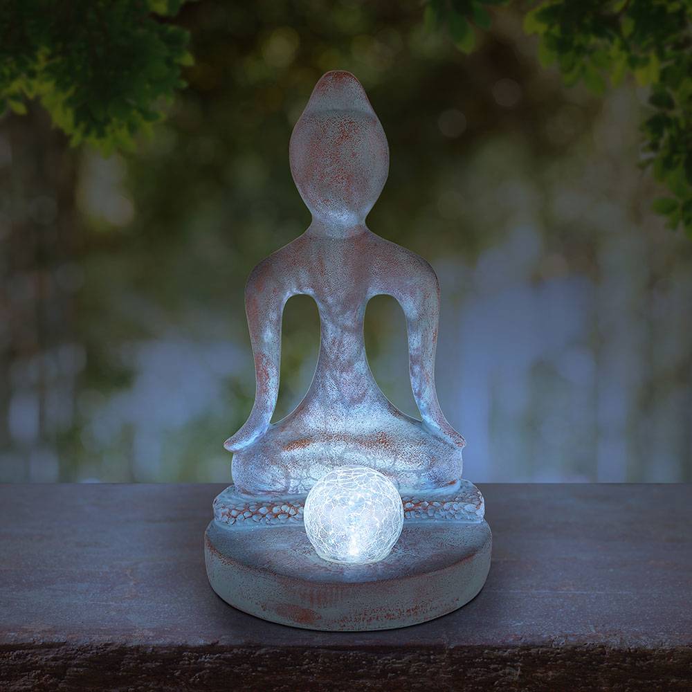 Solarleuchte Gartendeko Gartenfigur Buddha Feng Shui Deko Garten wetterfest, Kunststoff Glas grau- bronze, 1x LED kaltweiß, LxH 17,5 x 30 cm