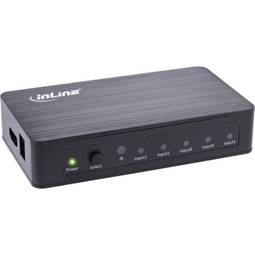 HDMI-Schalter mit fünf Eingangsmöglichkeiten und einem Ausgang. Schwarz mit LED-Indikatoren für Stromversorgung und ausgewählten Eingang, 