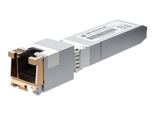 Kleines Metall-SFP-ähnliches Transceiver-Modul mit einem Ethernet-Port-Stecker und Beschriftung auf der Oberseite, dargestellt auf weißem Hintergrund.