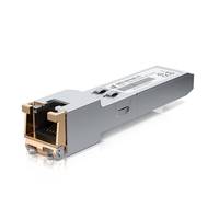 Kleines silbernes rechteckiges Transceiver-Modul mit Frontanschluss und Steckerkontakten, isoliert auf weißem Hintergrund dargestellt.