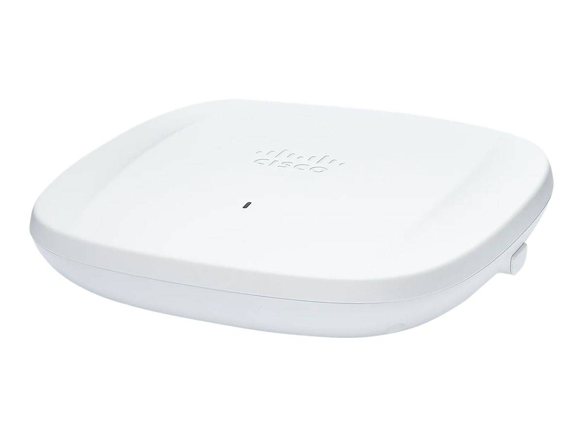 Ein weißer rechteckiger Cisco-WLAN-Zugangspunkt mit abgerundeten Kanten, auf dem oben das Cisco-Logo angebracht ist.