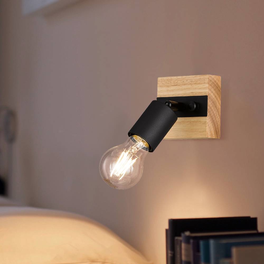 Holz Wandleuchte Innen Wandlampe Retro verstellbar, Strahler schwenkbar Metall schwarz,1x E27, BxHxT 9x12x9 cm