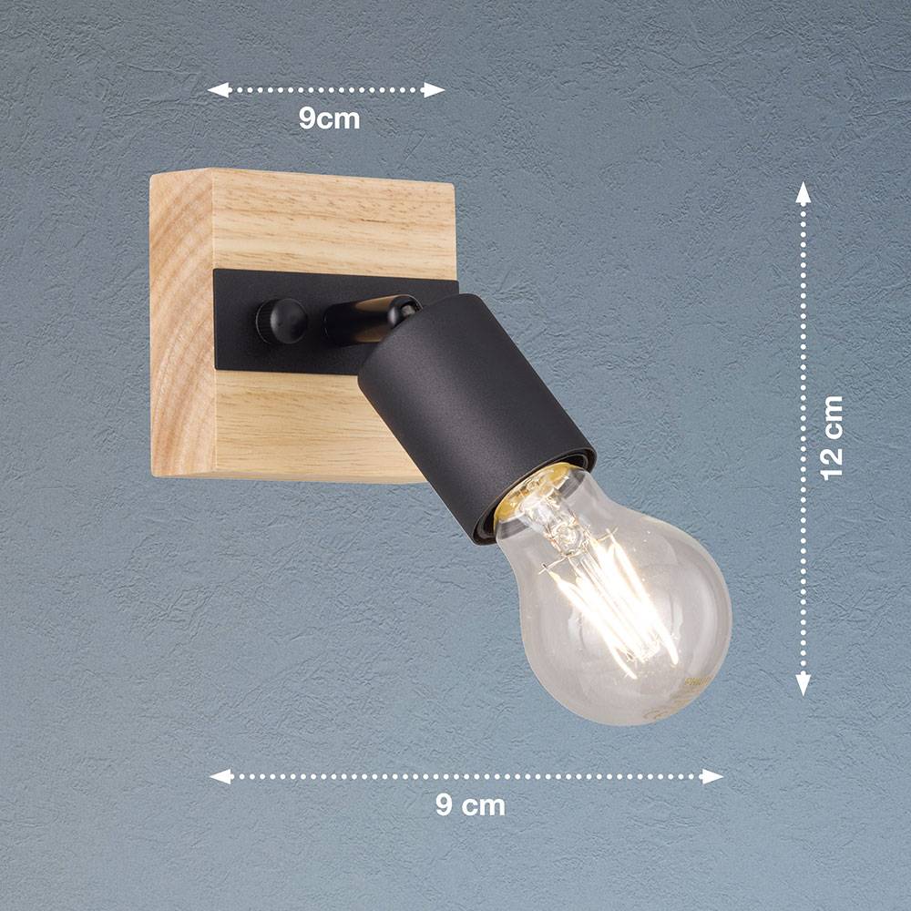 Holz Wandleuchte Innen Wandlampe Retro verstellbar, Strahler schwenkbar Metall schwarz,1x E27, BxHxT 9x12x9 cm