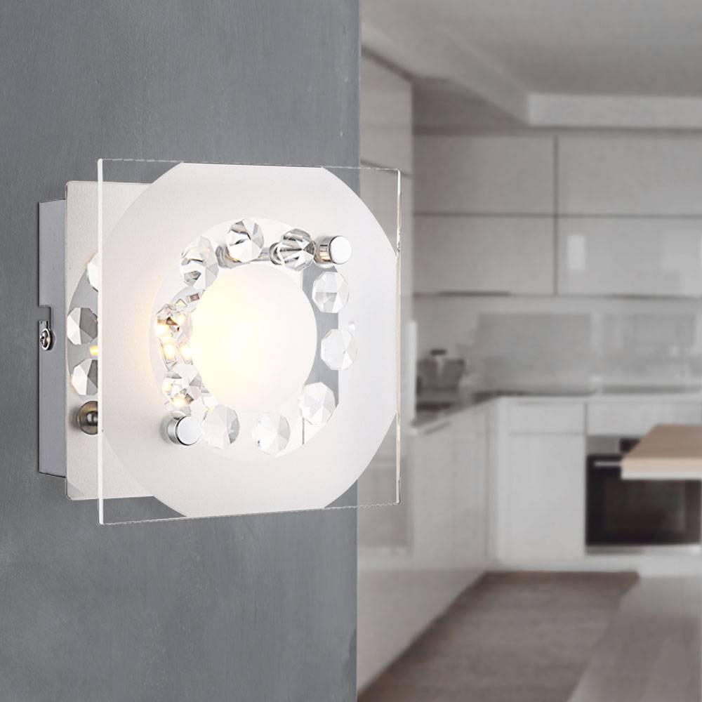 Wandleuchte Wandlampe Schlafzimmerleuchte Wohnzimmer K5 Kristalle, Glas Chrom, 1x LED 4W, HxLxB 9,5x12x12 cm, 2er Set