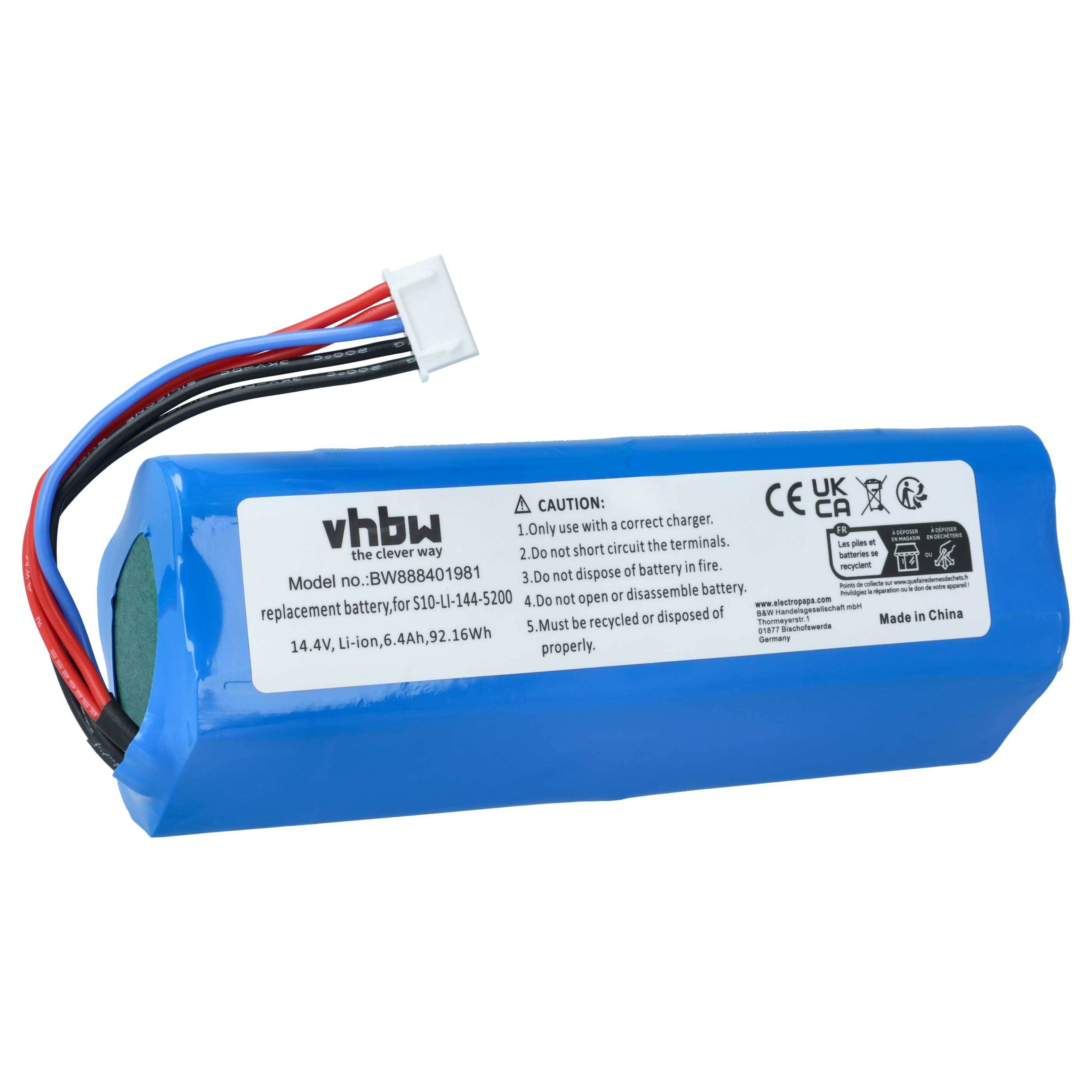 Blaues wiederaufladbares Lithium-Ionen-Akkupack mit angebrachten roten, schwarzen und blauen Drähten und weißem Anschluss, gekennzeichnet mit vhbw und 14,4V.