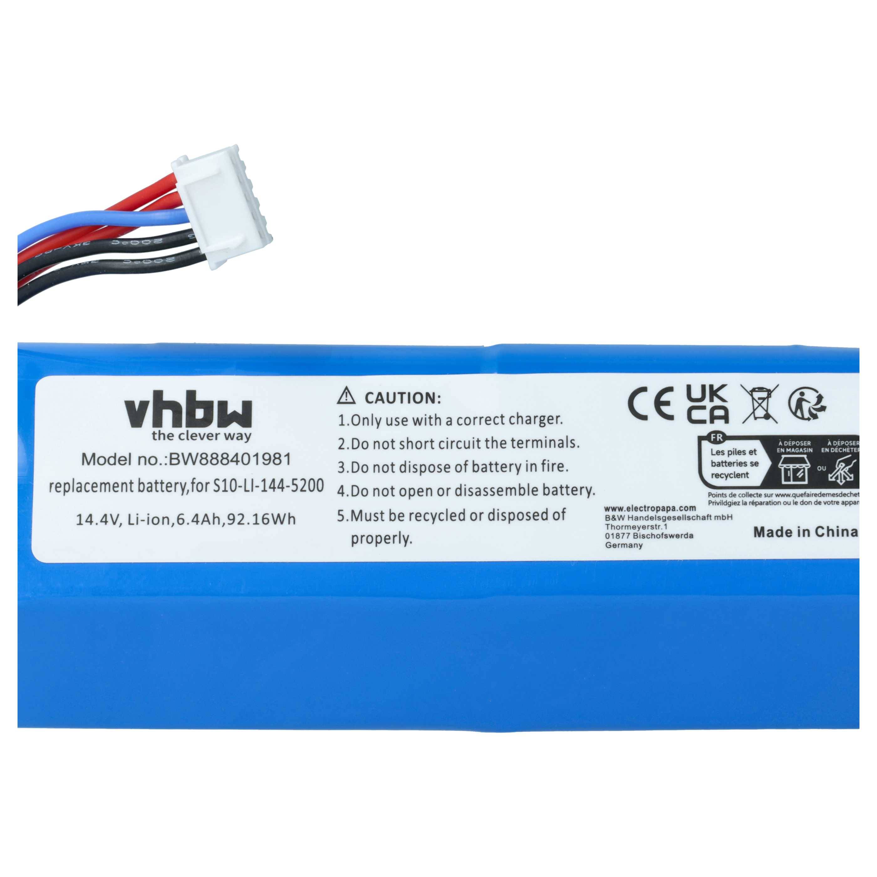 Blaues Ersatz-Lithium-Ionen-Akkupack mit Stecker und Etikett mit Angaben von 14,4V, 6,4Ah, 92,16Wh und Sicherheitswarnungen.