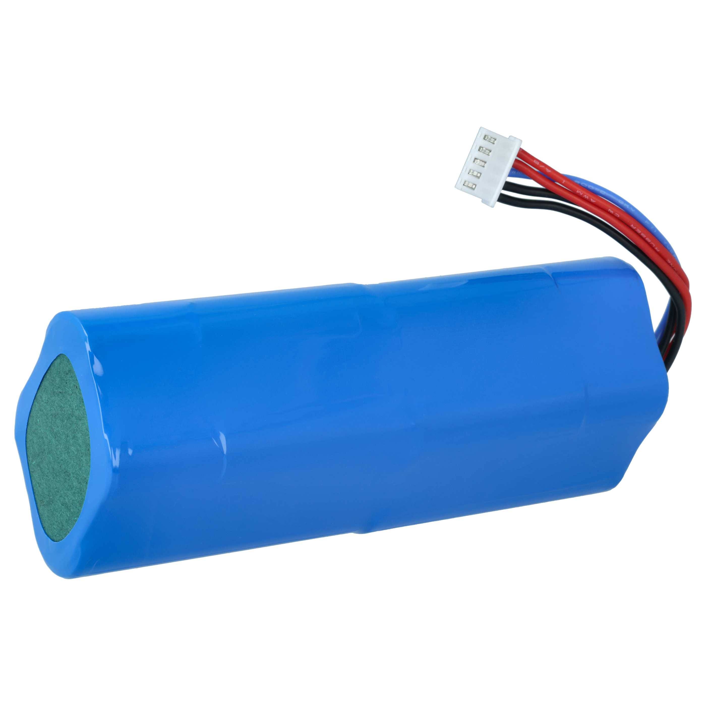 Blauer zylindrischer wiederaufladbarer Batteriepack mit angebrachten roten, schwarzen und blauen Drähten und Steckverbinder auf weißem Hintergrund