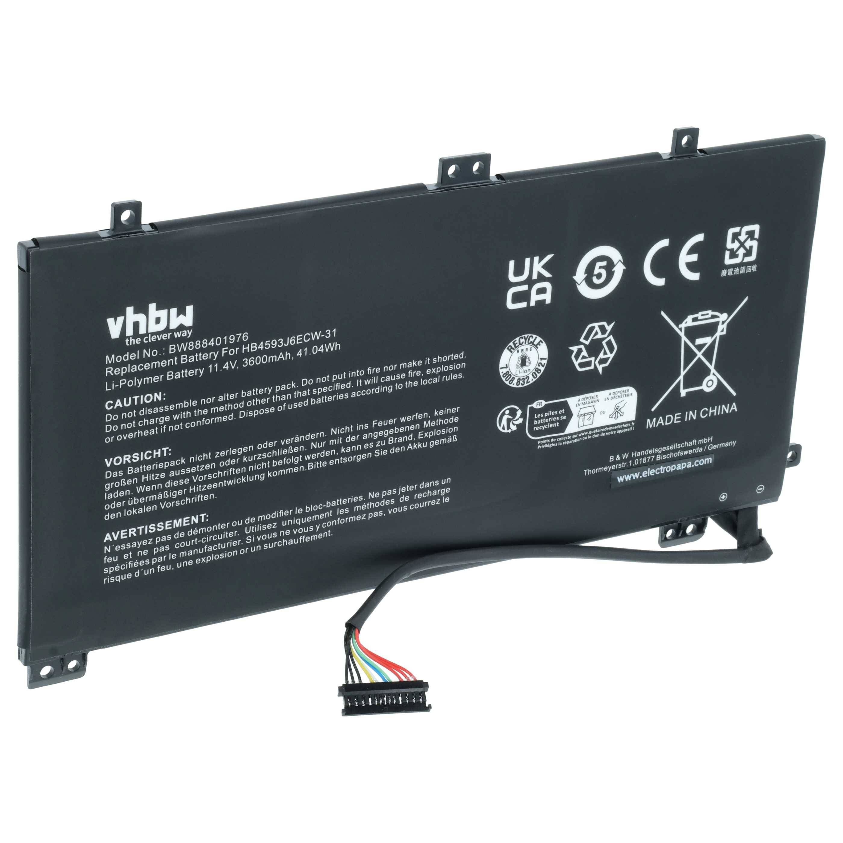 vhbw Akku Ersatz für Huawei HB4593J6ECW-31, HB4593J6ECW für Notebook (3600 mAh, 11,4 V, Li-Polymer)