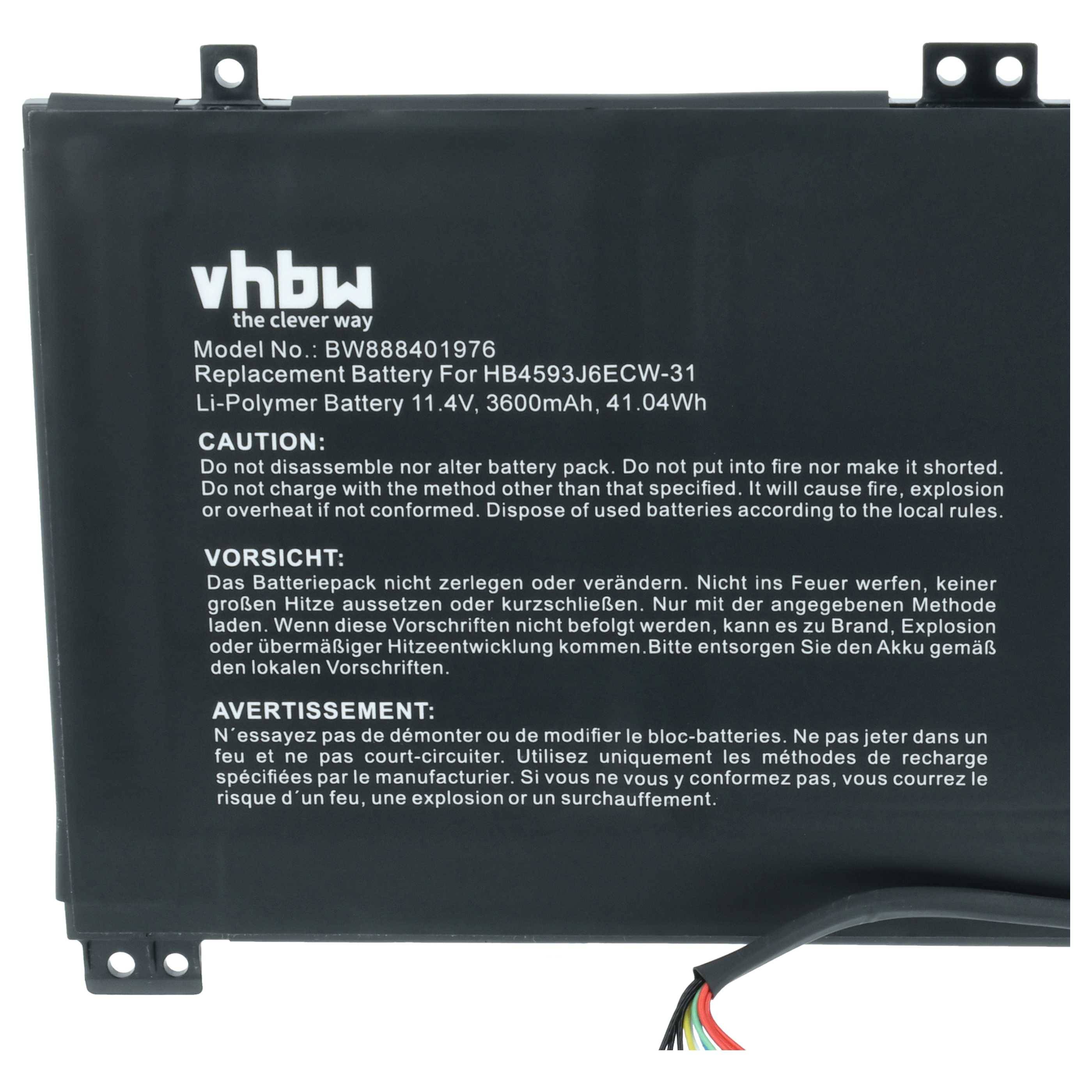vhbw Akku Ersatz für Huawei HB4593J6ECW-31, HB4593J6ECW für Notebook (3600 mAh, 11,4 V, Li-Polymer)