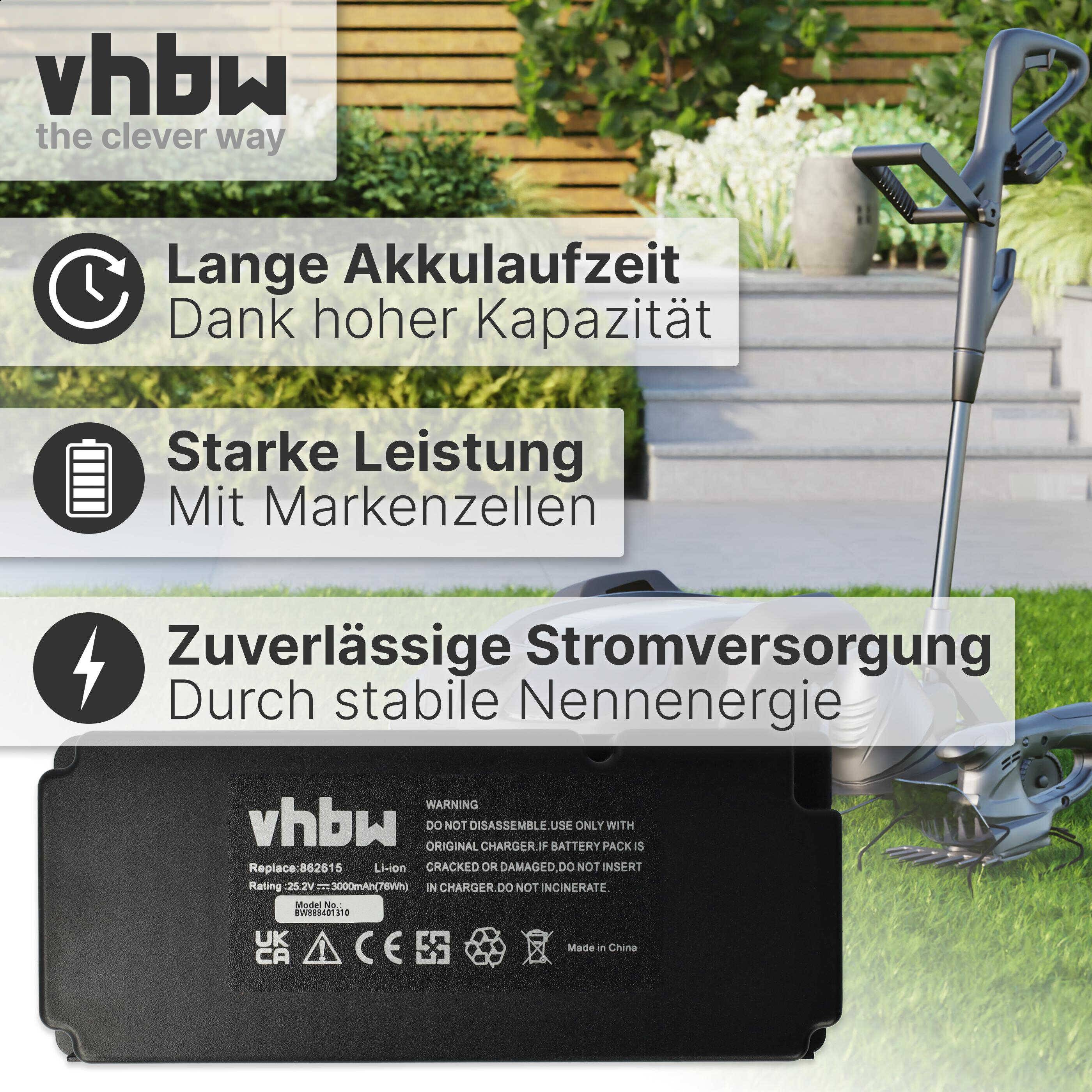 vhbw Akku Ersatz für 862601, 862615, 862617, 862618, 0862622, 0862622001 für Rasenmäher Rasenroboter (3000mAh, 25,2V, Li-Ion)
