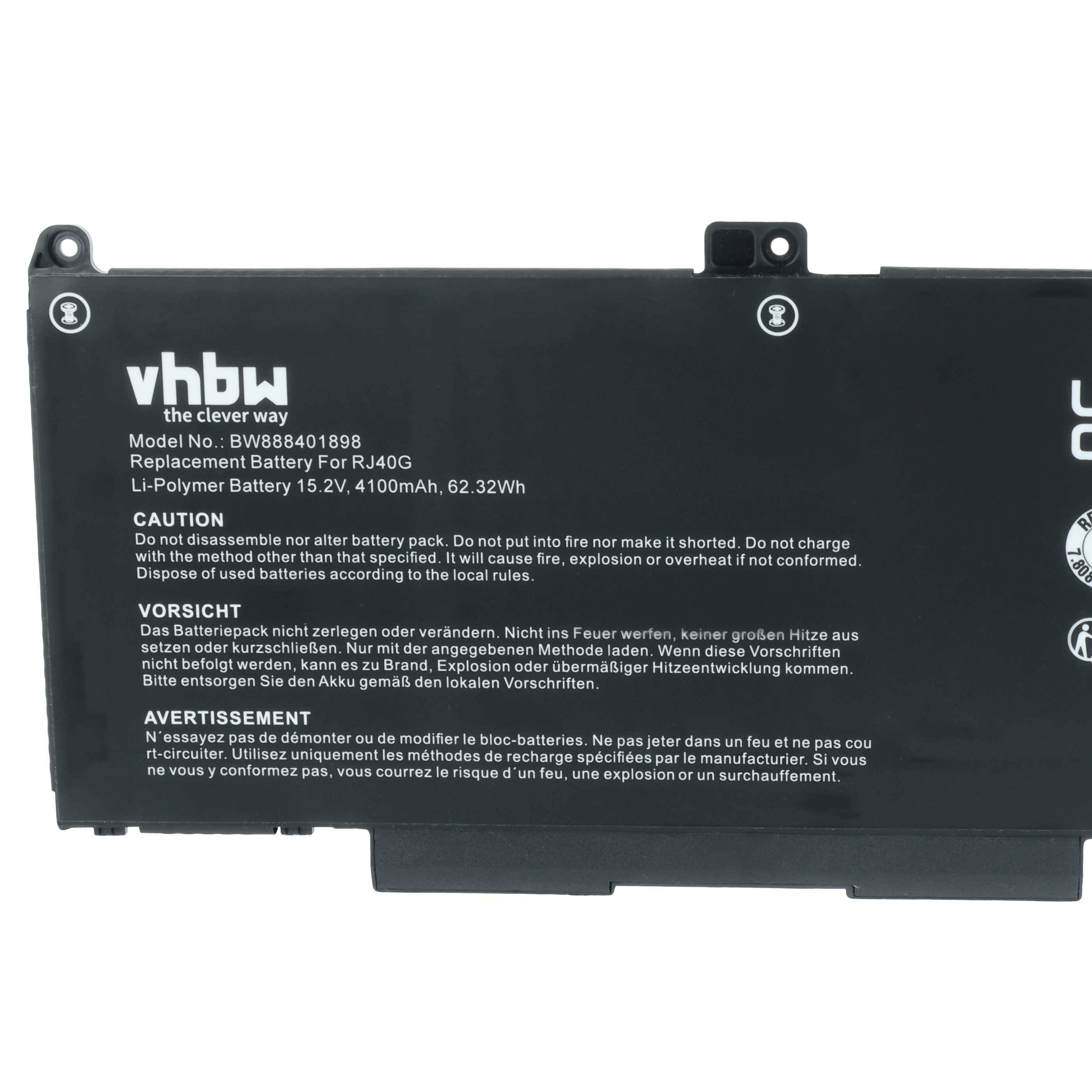 Das Bild zeigt einen vhbw Ersatzakku für RJ40G mit 15,2V, 4100mAh, 62,32Wh Spezifikationen. Er enthält Vorsichts- und Entsorgungshinweise.