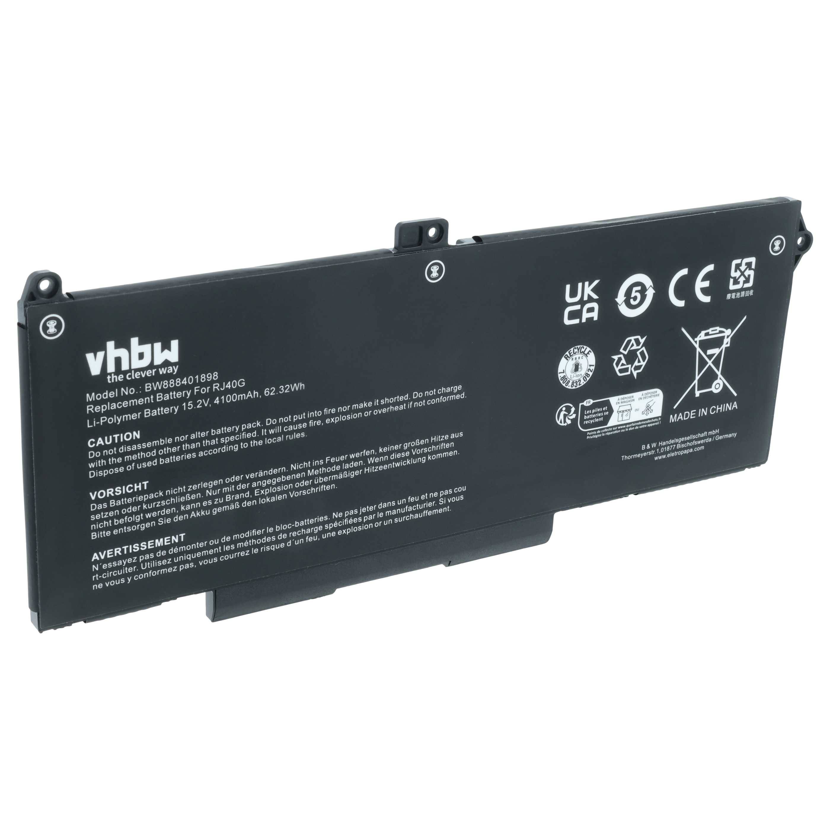 Eine schwarze Lithium-Polymer-Batterie mit Text, der Modellnummer, Spannung und Sicherheitswarnungen detailliert. Symbole zeigen UKCA-Zertifizierung und Recycling an.