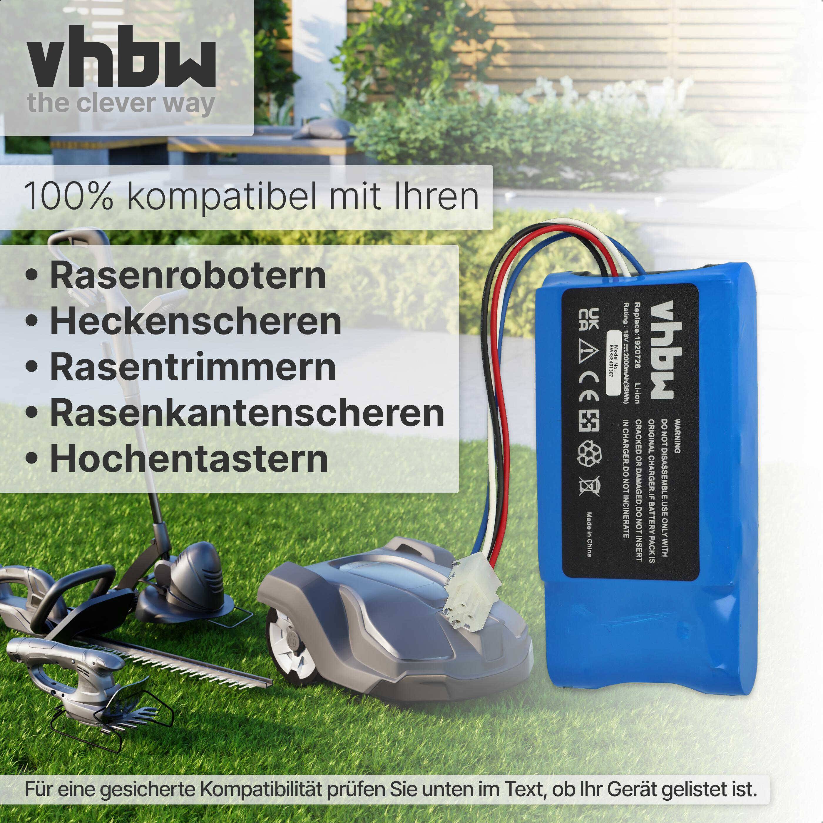 vhbw Akku kompatibel mit Yard Force Compact 400Ri, 280R Rasenmäher (2000mAh 18V Li-Ion)