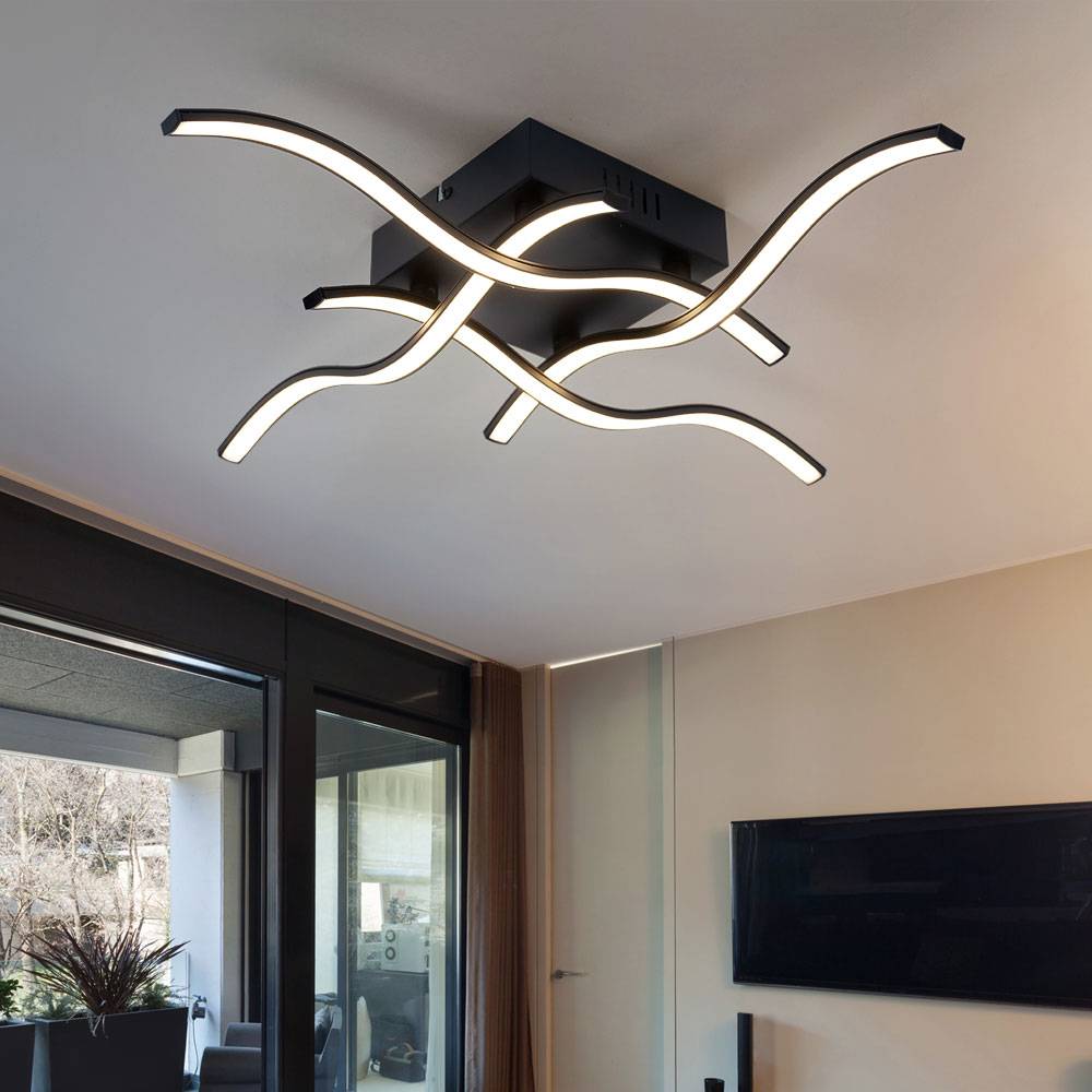 Deckenleuchte im Wellen Design Deckenlampe geschwungen, Stahl schwarz Kunststoff klar, 19 Watt LED 1920 Lumen warmweiß, Wohnzimmer Schlafzimmer Flur
