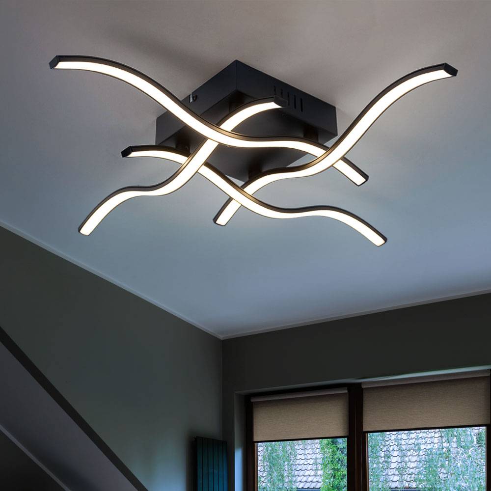 Deckenleuchte im Wellen Design Deckenlampe geschwungen, Stahl schwarz Kunststoff klar, 19 Watt LED 1920 Lumen warmweiß, Wohnzimmer Schlafzimmer Flur
