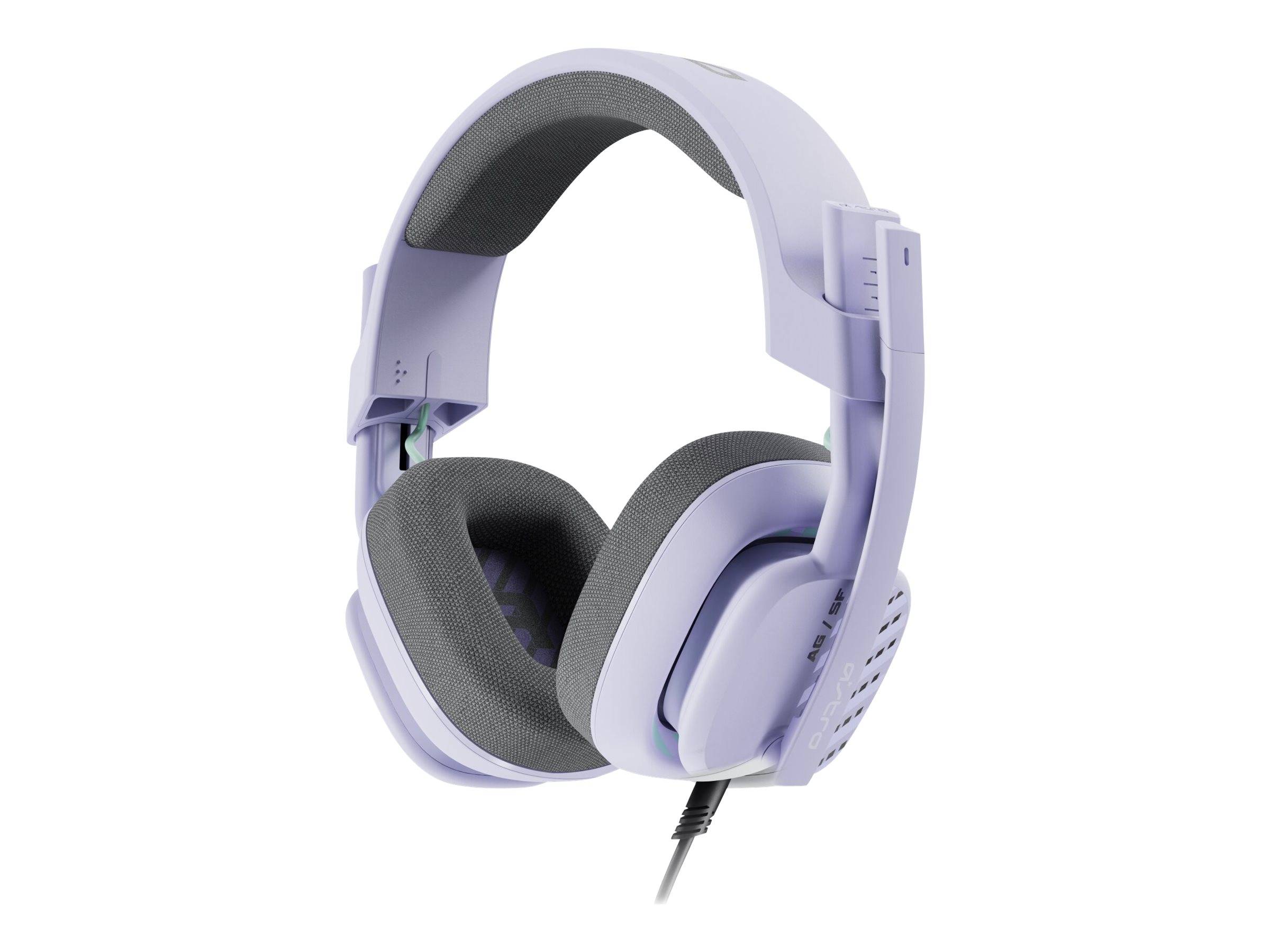 Lila Gaming-Headset mit gepolsterten Ohrmuscheln und Kopfbügel, ausgestattet mit einer Kabelverbindung. Entwickelt für Komfort bei längerer Nutzung.
