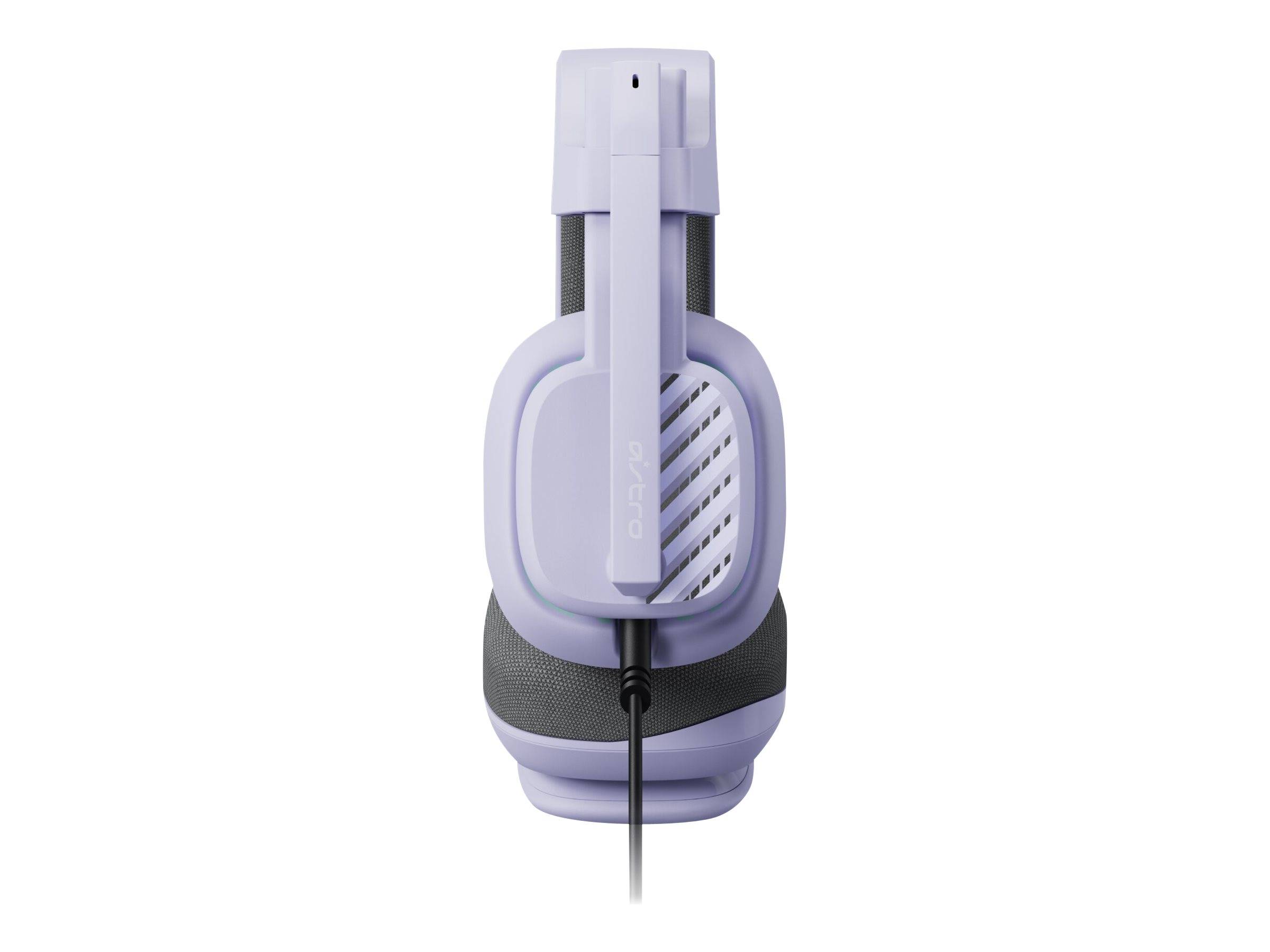 Ein Lavendel-Over-Ear-Gaming-Headset mit dem 'Astro'-Logo auf der Ohrmuschel, ausgestattet mit einem flexiblen Mikrofon und gepolsterten Ohrmuscheln.
