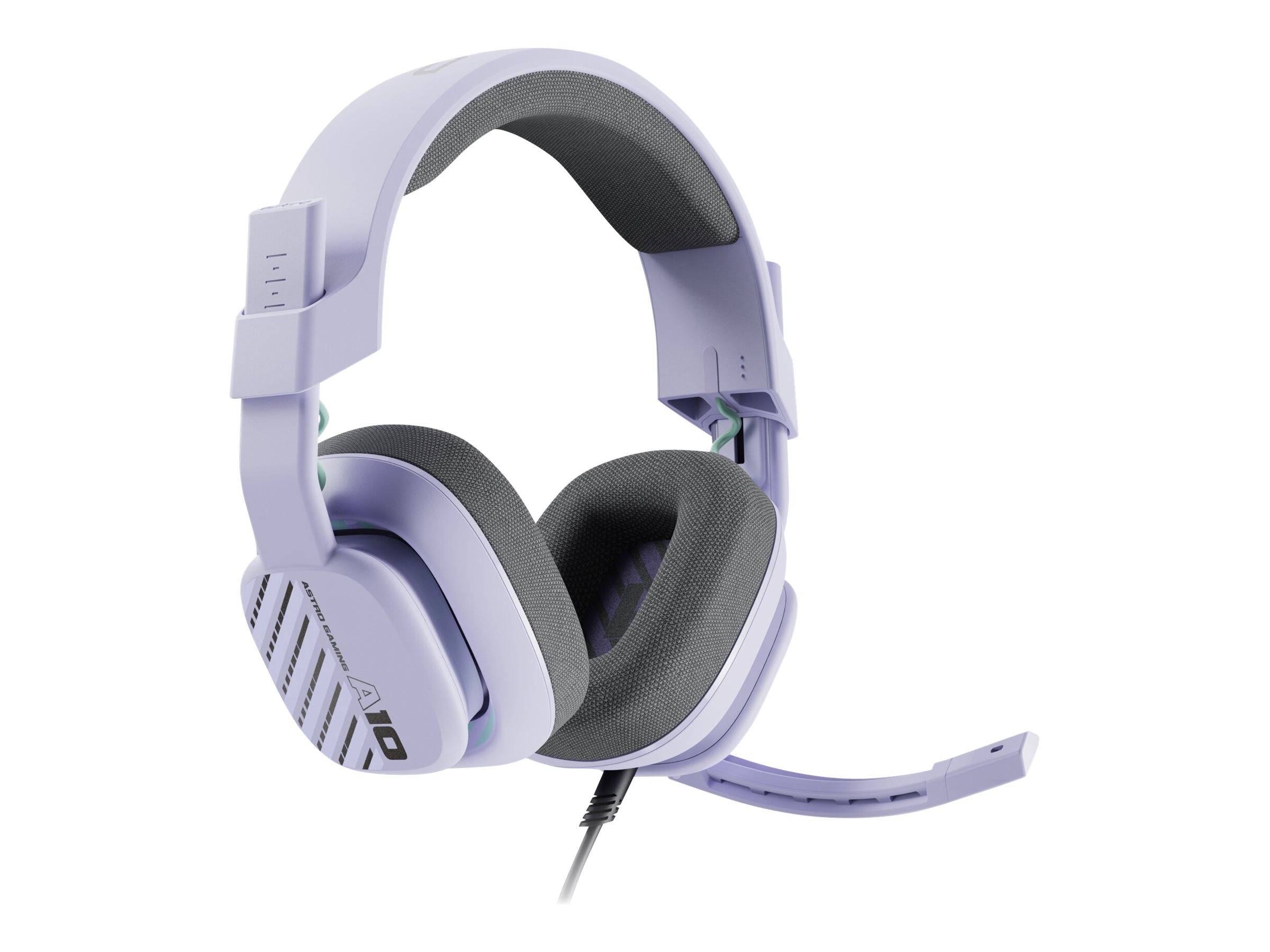 Ein hellviolettes Gaming-Headset mit Mikrofonarm, ausgestattet mit gepolsterten Over-Ear-Ohrmuscheln und einem angeschlossenen Kabel für Audio-Ein- und Ausgabe.