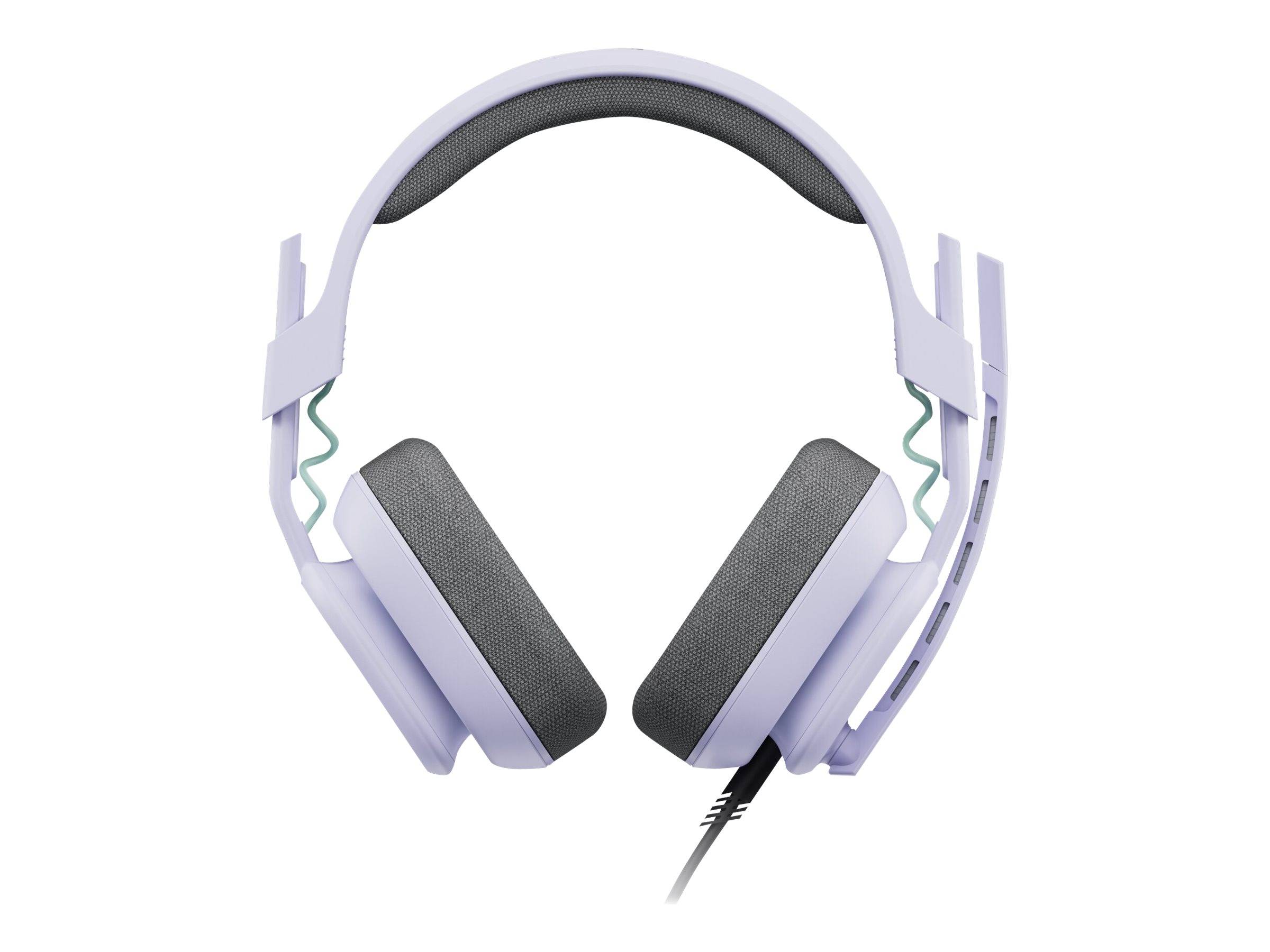 Ein Paar Over-Ear-Kopfhörer mit einem violetten Rahmen und grauen Ohrpolstern, von vorne gezeigt, mit einem nach unten hängenden Kabel.