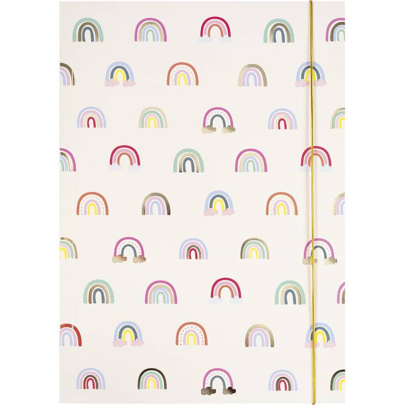 Notizbuch-Umschlag mit sich wiederholenden bunten Regenbogenmustern und einem goldenen Gummiband auf der rechten Seite.