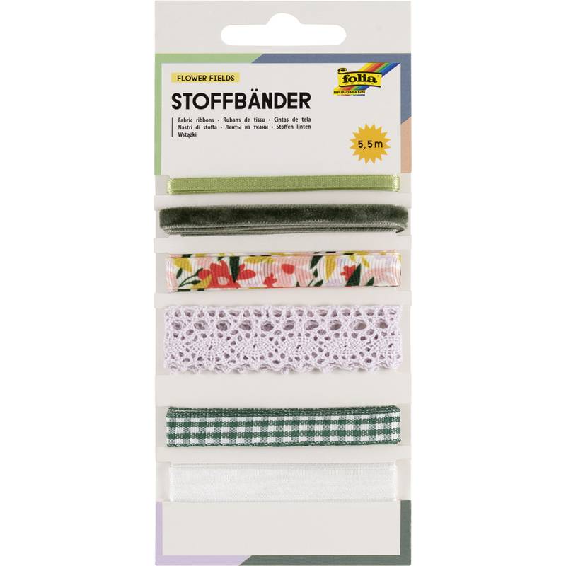 Ein Paket mit dekorativen Stoffbändern mit der Aufschrift 'Flower Fields Stoffbänder' mit fünf verschiedenen Designs, jedes 5,5 Meter lang.